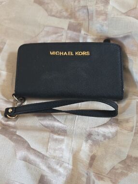 Michael Kors Black Saffiano Wristlet with Gold Logo